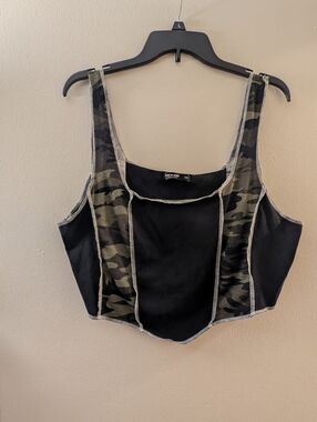 3/$10 Casual Camo-Panel Black Tank Crop Top